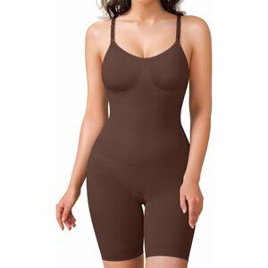 Women's Brown Mid Thigh Body Shaper Round Neck Seamless Bodysuit Shapewear